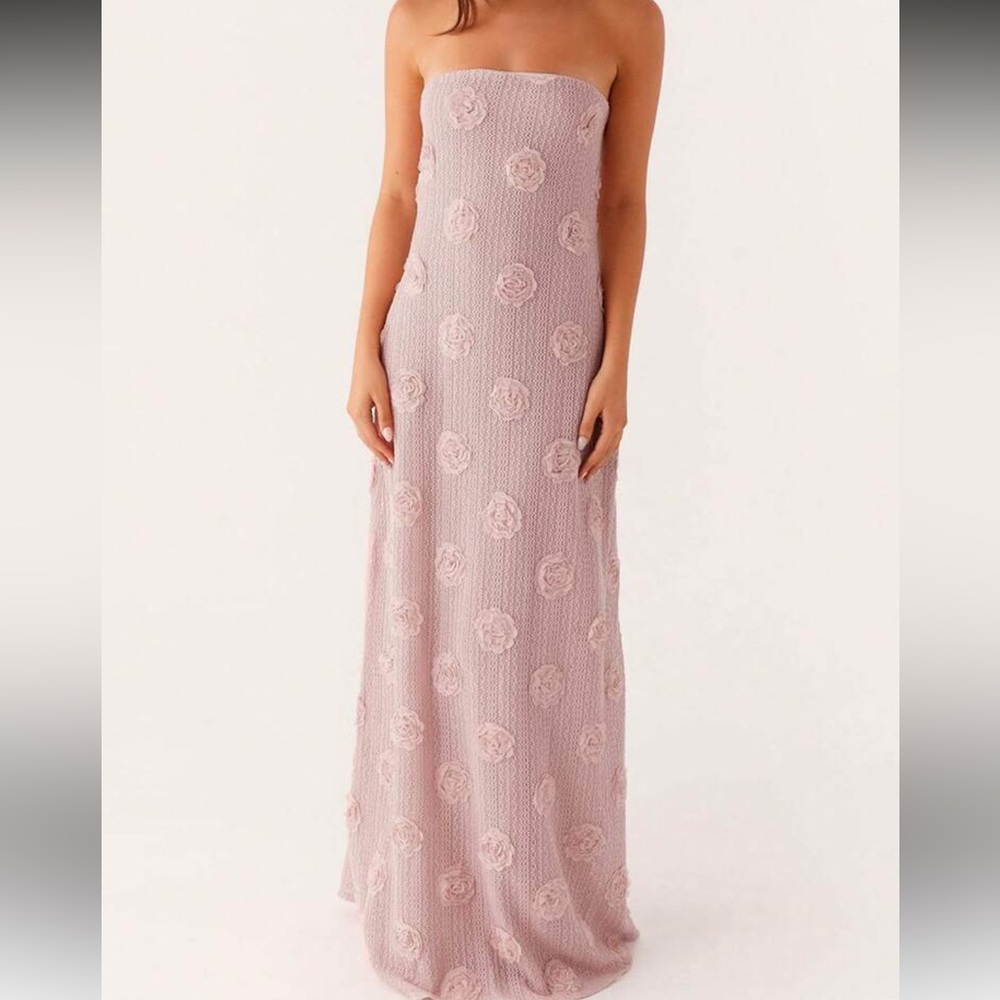 Strapless Pink 3D Stretch Floral Maxi Dress